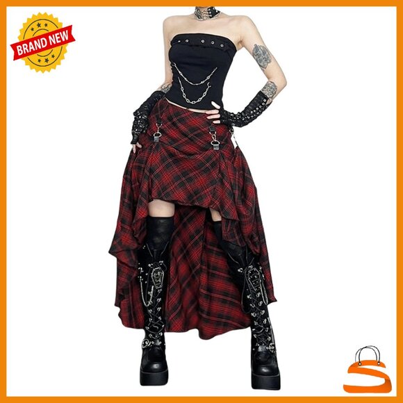Dresses & Skirts - Y2K Asymmetrical Midi Skirt High Waisted Plaid Grunge Punk Goth